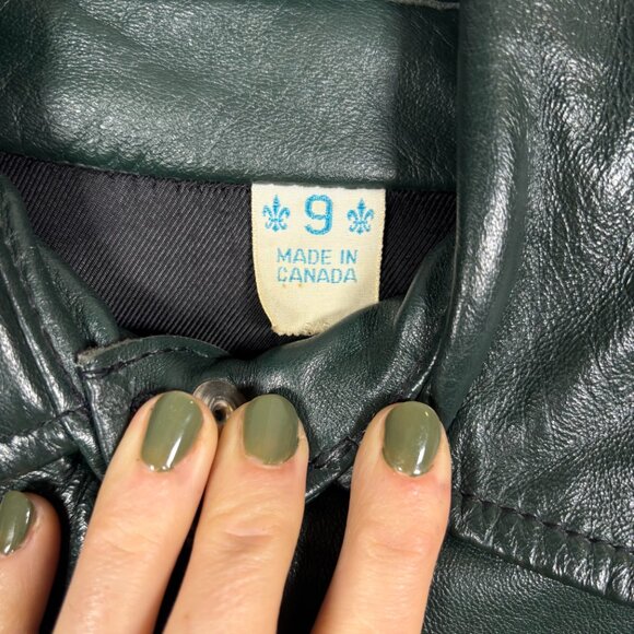 Vintage Leather Zip Jacket Dark Green 70s moto boho Size X Small - Picture 7 of 7